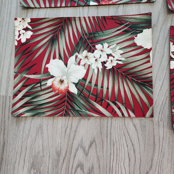Hawaiian Upholstery Barkcloth Placemats Burgundy Ferns Orchids Plumeria & Napkin - Picture 6 of 8
